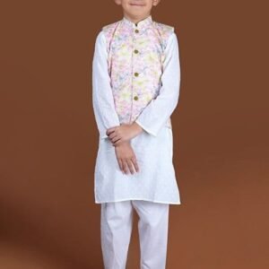White Floral Print Nehru Jacket With Kurta And Pants (Set of 3)