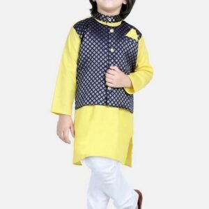 Yellow Foil Print Jacket With Kurta And Pyjama (Set of 3)