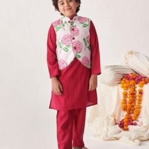 Wine Printed Silk Blend Kurta With Pants (Set of 2)
