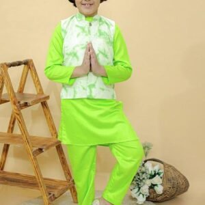 Green Tie And Dye Print Nehru Jacket With Kurta And Pants (Set of 3)