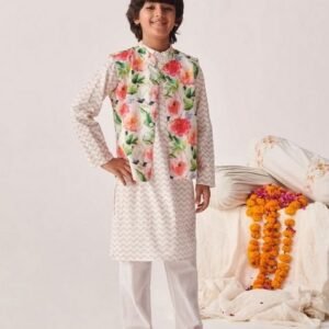 White Printed Kurta With Pants (Set of 2)