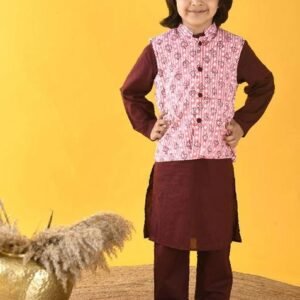 Maroon Printed Nehru Jacket With Kurta And Pajama (Set of 3)