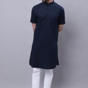 Blue Solid Cotton Kurta For Men