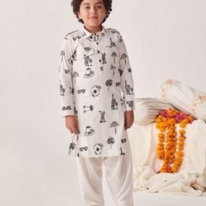White Printed Kurta With Pants (Set of 2)