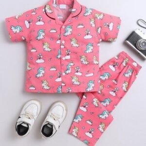 Pink Printed Cotton Shirt Pant Set For Boys