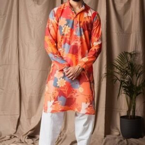 Orange Printed Linen Kurta For Men