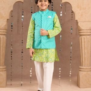 Green Printed Jacket With Kurta And Pajama (Set of 3)