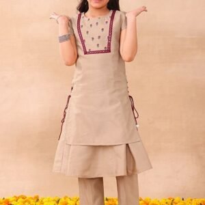 Beige Embroidered Double Layered Silk Kurta And Pants (Set of 2)