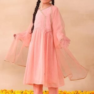 Light Pink Ikat Print Kurta With Churidar Pants And Dupatta (Set of 3)