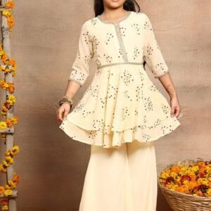 Ivory Abstract Geometric Print Kurta With Palazzo (Set of 2)