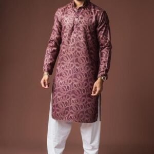 Wine Printed Linen Kurta For Men