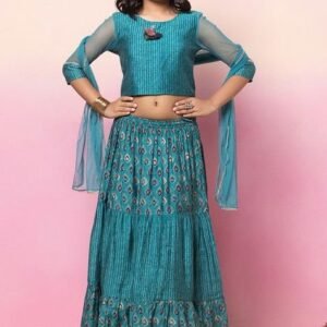 Turquoise Printed Tiered Lehenga With Blouse And Dupatta (Set of 3)