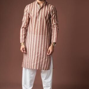 Cream Printed Linen Kurta For Men