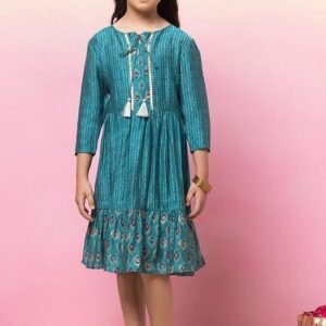 Turquoise Green Floral Foil Print Tiered Dress