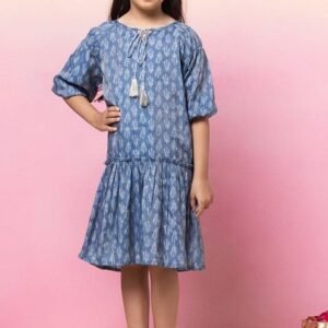 Indigo Blue Block Print Tiered Dress With Belt (Set of 2)