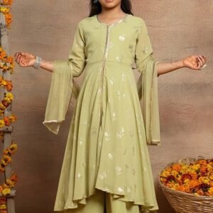 Pastel Green Floral Foil Print Kurta With Pants And Dupatta (Set of 3)