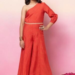 Red Printed One Shoulder Jumpsuit With Dori Belt (Set of 2)