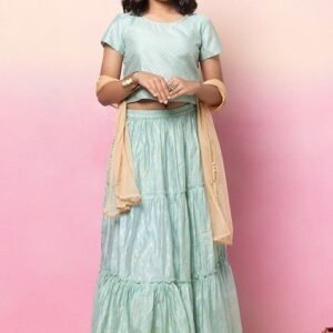 Sage Green Foil Print Tiered Lehenga With Blouse And Contrast Dupatta (Set of 3)
