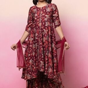 Red Foil Print Front Slit Kurta With Palazzo Pants And Dupatta (Set of 3)