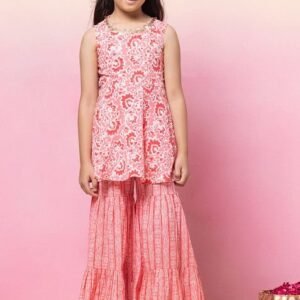 Pink Printed Tiered Sharara With Sleeveless Kurta (Set of 2)