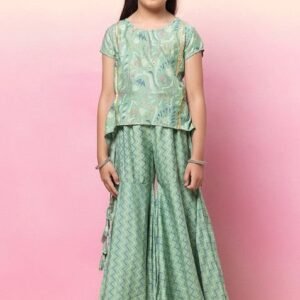 Sage Green Printed Sharara With Foil Print Short Kurta (Set of 2)