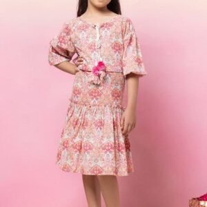 Pink Floral Block Print Tiered Dress With Belt (Set of 2)