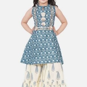 Blue Floral Print Pleated Kurta With Skirt (Set of 2)