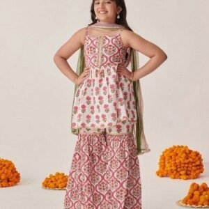 Magenta Floral Print Kurta With Sharara And Dupatta (Set of 3)