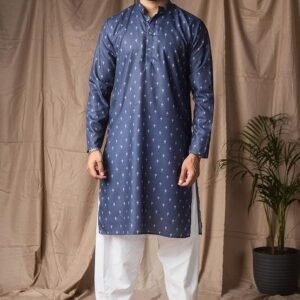 Blue Printed Linen Kurta For Men