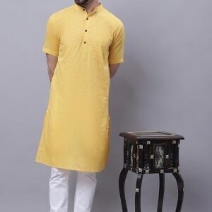 Yellow Solid Cotton Kurta For Men