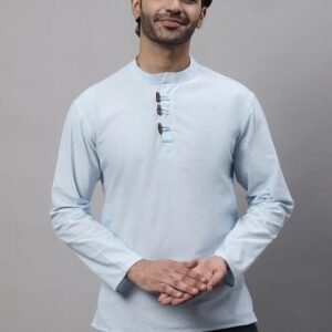 Blue Plain Pure Cotton Kurta For Men
