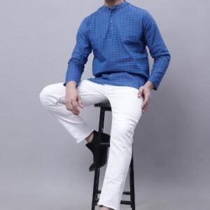 Blue Plain Pure Cotton Kurta For Men