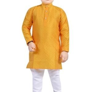 Yellow Printed Cotton Blend Kurta Set For Boys