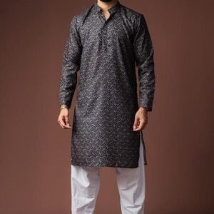 Black Printed Linen Kurta For Men