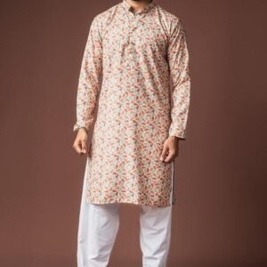 White Printed Linen Kurta For Men