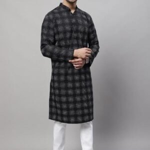Black Solid Cotton Kurta For Men