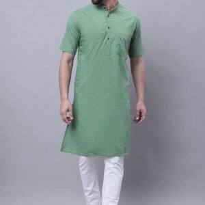 Green Solid Cotton Kurta For Men