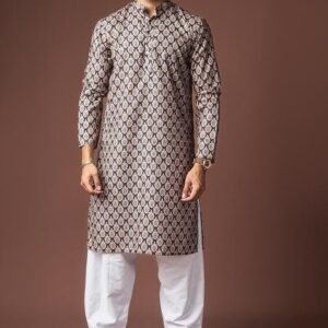 Black Printed Linen Kurta For Men