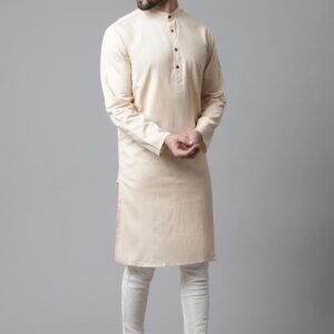 Cream Solid Linen Kurta For Men