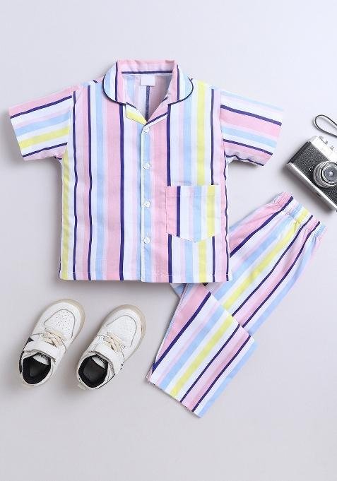 Multicolor Printed Cotton Shirt Pant Set For Boys