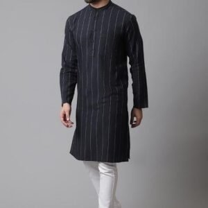Black Solid Cotton Kurta For Men