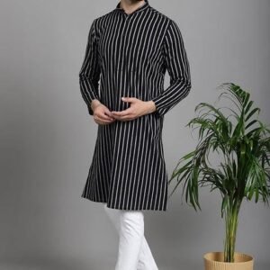 Black Striped Cotton Kurta For Men