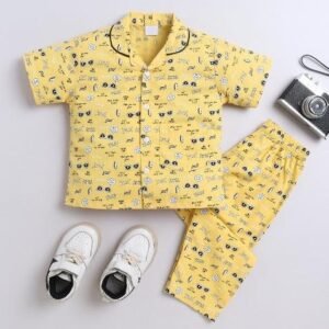 Yellow Printed Cotton Shirt Pant Set For Boys