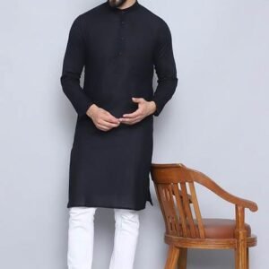 Blue Solid Cotton Kurta For Men