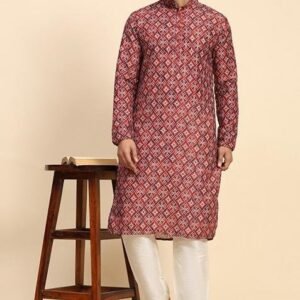 Red Digital Printed Rado Cotton Kurta For Men