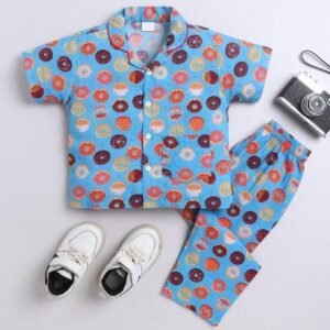 Blue Printed Cotton Shirt Pant Set For Boys