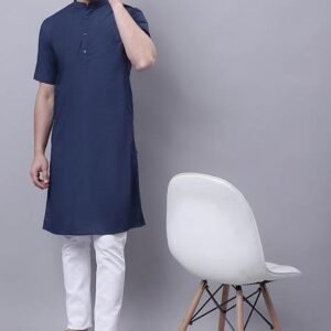 Navy Blue Solid Cotton Kurta For Men