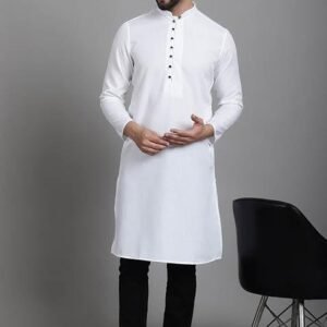 White Solid Cotton Kurta For Men