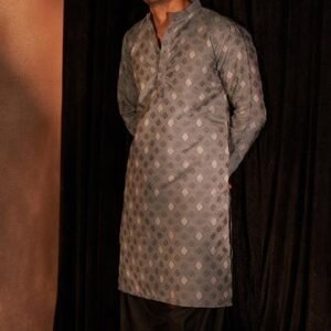 Bluish Grey Jacquard Viscose Kurta For Men