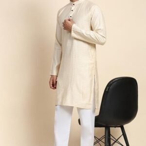 Cream Self Weaved Viscose Rayon Kurta For Men